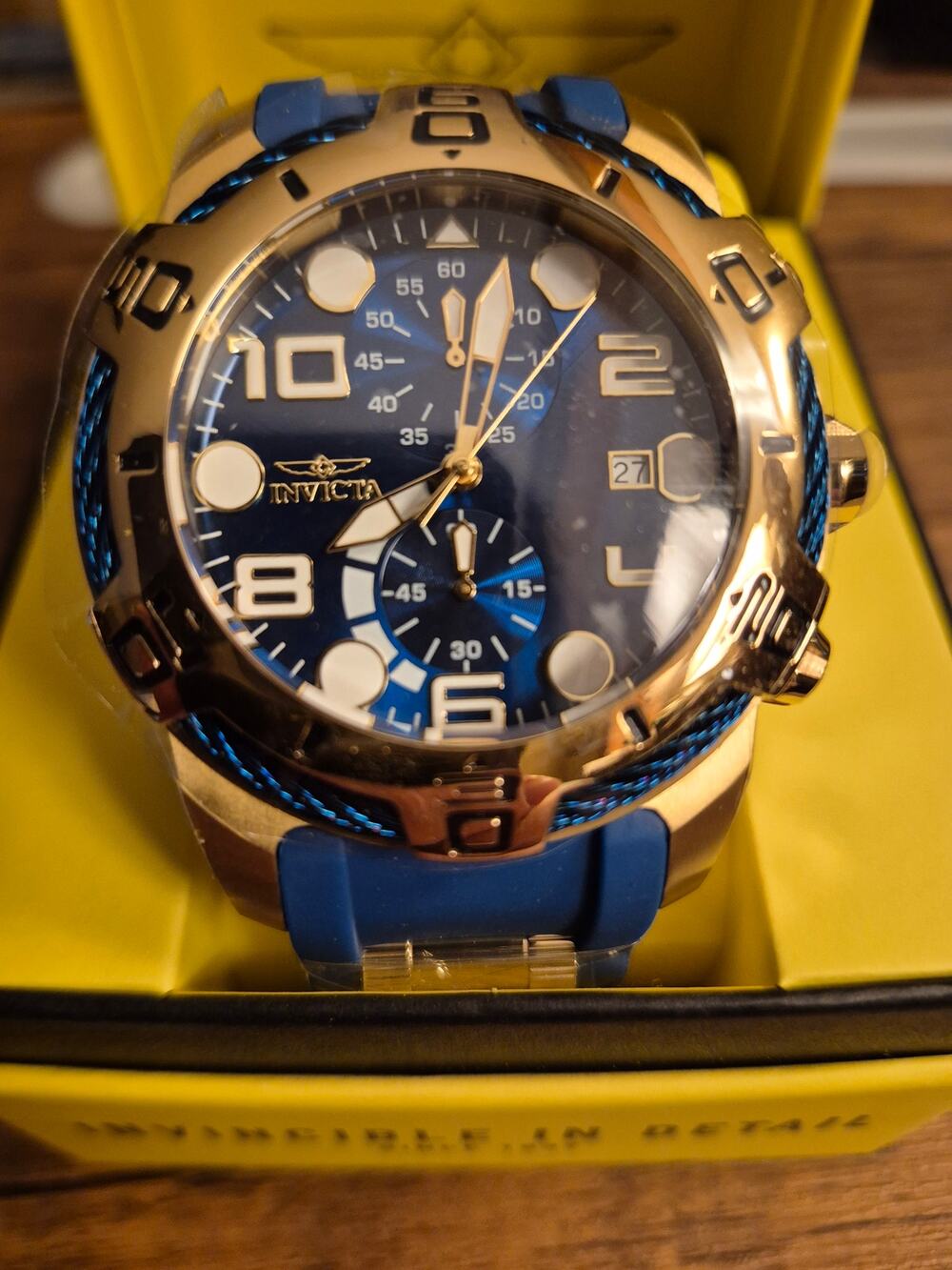 Invicta Bolt 50 mm Gold Tone Case Blue Dial Skeleton Hands Blue Silicone Straps